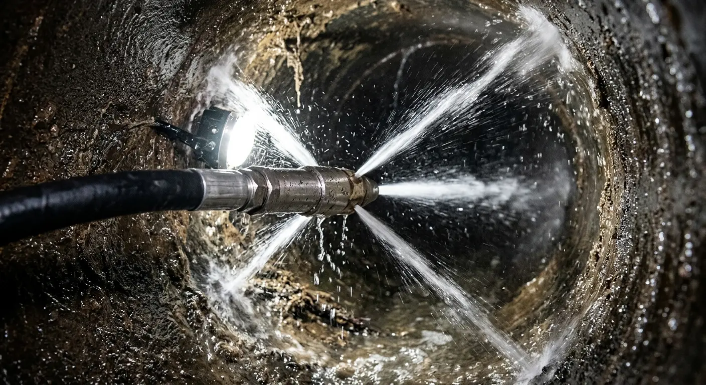 High-pressure hydro jetting nozzle cleaning sewer pipe for Emergency Drain Service in Woodhaven
