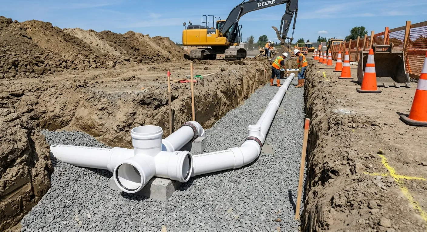New PVC sewer pipe installation in open trench for Sewer Backup in Woodhaven