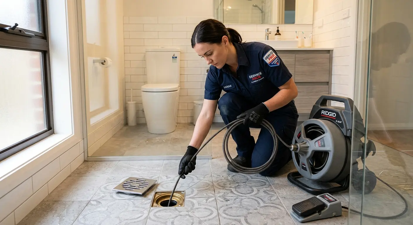 Technician clearing a bathroom floor drain for Sewer Line Replacement in Woodhaven
